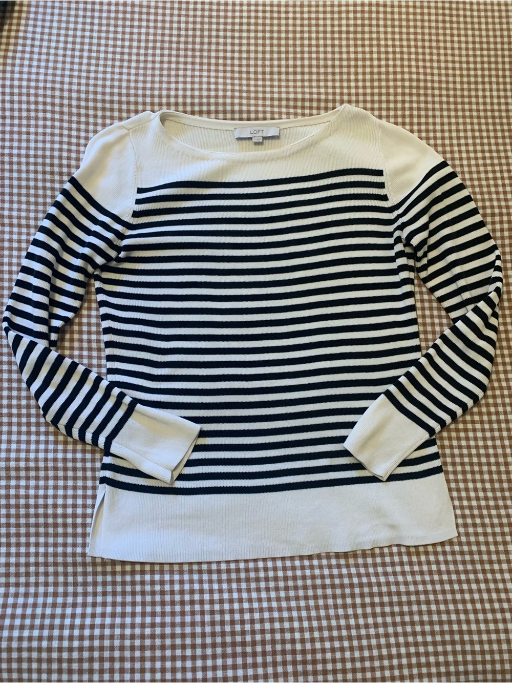 LOFT Cream and Navy Striped Scoop-Neck Sweater